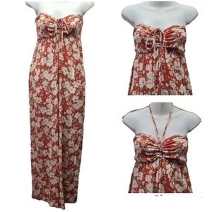 American Eagle Smocked Tie Neck Floral Print Red Jumpsuit Size S